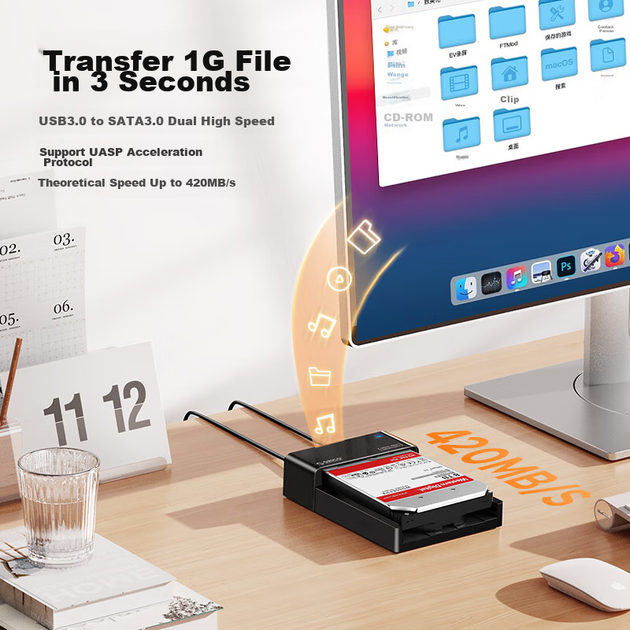 Корпус для жорстких дисків ORICO, горизонтальний, одновідсіковий, USB 3.0, 2,5/3,5 дюйма SATA, для механічних і твердотільних накопичувачів SSD у ноутбуках і настільних комп'ютерах, зовнішній портативний корпус з можливістю читання даних - 6518US3 - зображення 6