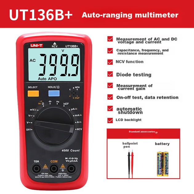 UNI-T UT136B+, цифровий мультиметр з автоматичним вибором діапазону, електричний вимірювач, побутовий багатофункціональний амперметр з низькою напругою - изображение 6