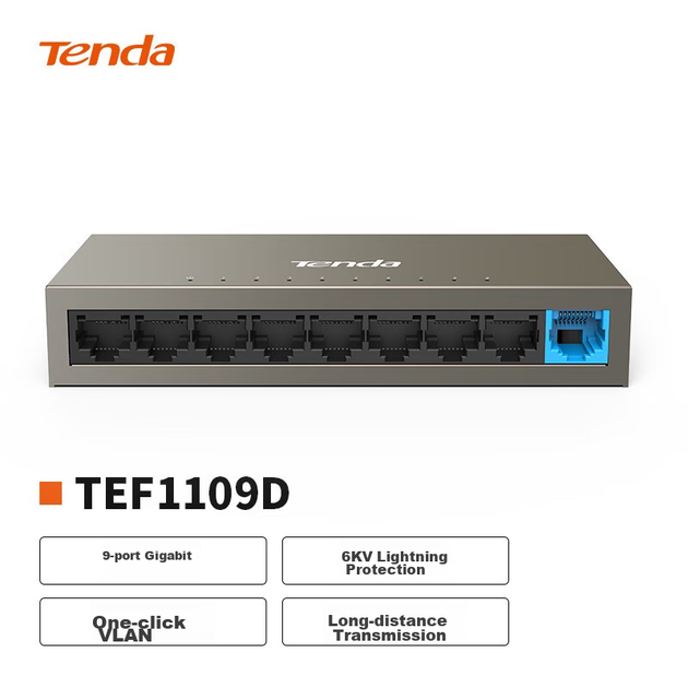 Коммутатор Tenda TEF1109D с 9 портами 100 Мбит/с, 8-портовый сетевой кабельный разветвитель One-To Enterprise Engineering Monitoring Network Switch Converter Splitter, стальной корпус. - Фото 4 Коммутатор Tenda TEF1109D с 9 портами 100 Мбит/с, 8-портовый сетевой кабельный разветвитель One-To Enterprise Engineering Monitoring Network Switch Converter Splitter, стальной корпус. - изображение 4