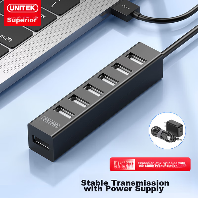 USB-концентратор UNITEK 2.0 с блоком питания, высокоскоростная док-станция расширения, 7-портовый концентратор USB, конвертер USB для ноутбука Y-2160ABK - Фото 2 USB-концентратор UNITEK 2.0 с блоком питания, высокоскоростная док-станция расширения, 7-портовый концентратор USB, конвертер USB для ноутбука Y-2160ABK - изображение 2