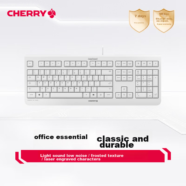 Мембранна клавіатура CHERRY KC1000, офісна клавіатура, тиха дротова зовнішня клавіатура для ноутбука, тонка та міцна, клавіші кольору «шоколад», додаткові мультимедійні клавіші, біла. - зображення 4