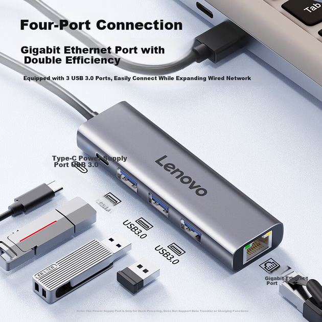 Док-станция Lenovo USB 3.0 с гигабитным Ethernet-адаптером RJ45, проводным сетевым адаптером-конвертером, USB-расширителем для ноутбука, USB-разветвителем Xiaoxin 4-в-1. - изображение 6