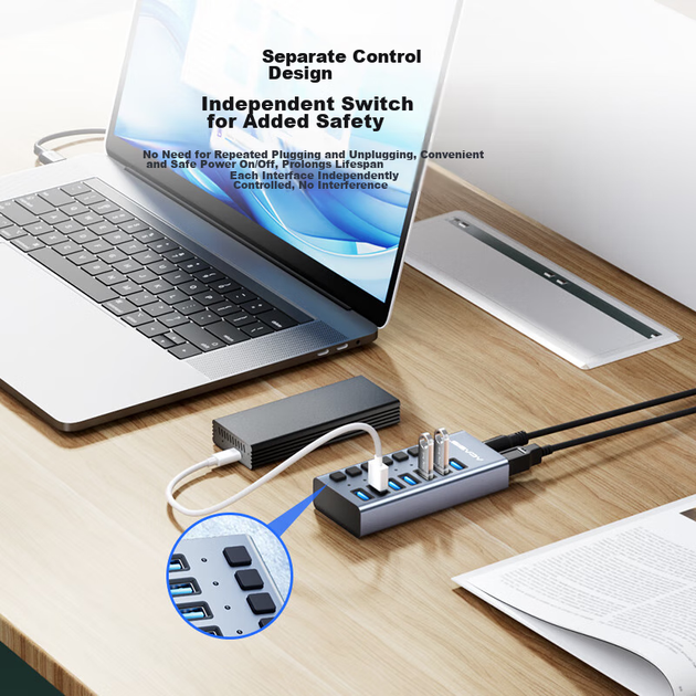 USB-концентратор Acasis 3.0, кабель-дублікатор для високошвидкісного розширення, багатопортовий адаптер для настільних комп'ютерів і ноутбуків HS-707MG - зображення 7