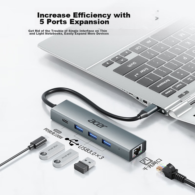 Док-станция расширения Acer Type-C, адаптер для гигабитного Ethernet-порта, USB 3.0-концентратор, проводная сетевая карта, преобразователь RJ45, совместима с ноутбуками. - изображение 3