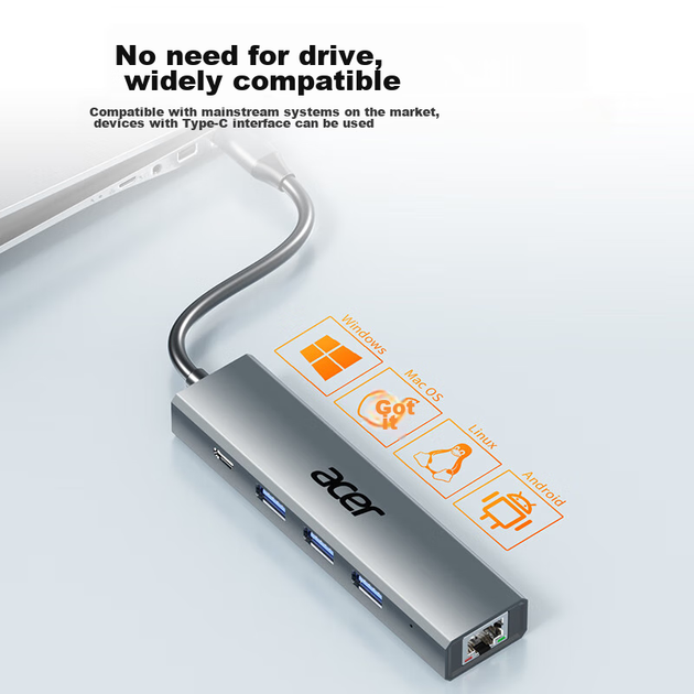 Док-станция расширения Acer Type-C, адаптер для гигабитного Ethernet-порта, USB 3.0-концентратор, проводная сетевая карта, преобразователь RJ45, совместима с ноутбуками. - изображение 9