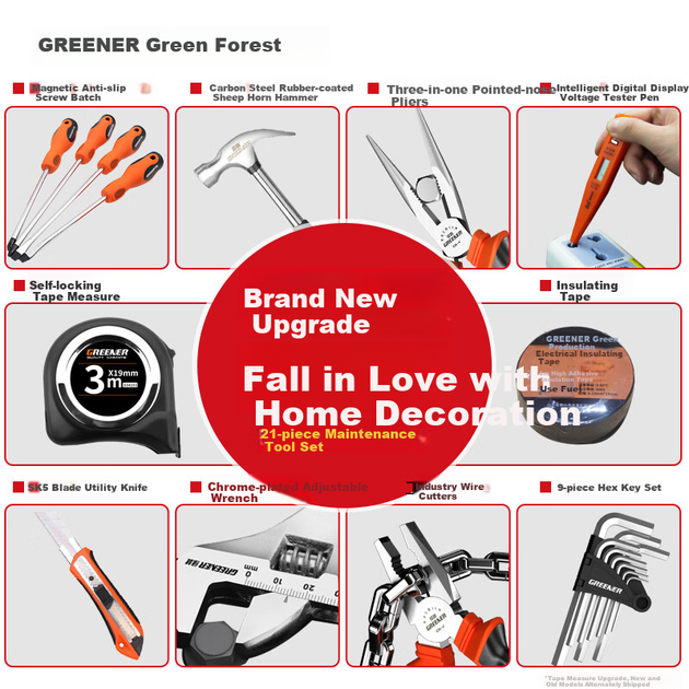 Набор бытовых инструментов GREENER, полный комплект из 21 предмета, набор инструментов электрика, многофункциональный ремонтный комбинированный набор бытовых инструментов. - Фото 8 Набор бытовых инструментов GREENER, полный комплект из 21 предмета, набор инструментов электрика, многофункциональный ремонтный комбинированный набор бытовых инструментов. - изображение 8