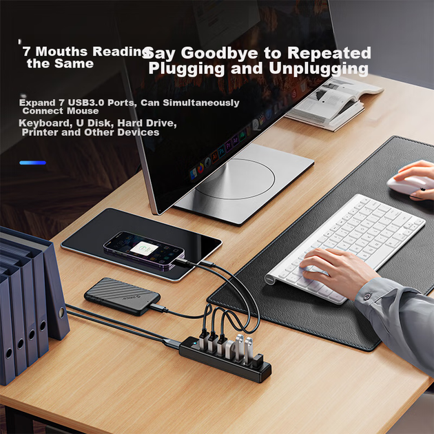 USB-концентратор ORICO USB 3.0, 7-портовая док-станция расширения, многоинтерфейсный преобразователь, независимый источник питания, совместим с ноутбуками и настольными компьютерами, подходит для Lenovo и Huawei, PW7U-U3 - изображение 4
