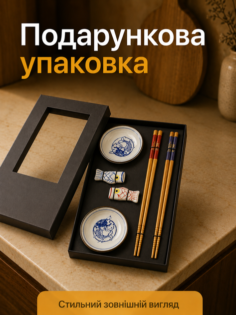 Набір посуду для суші та ролів коропи кої подарунковий японський комплект сервірувальний сервіз посуд у коробці на 2 персони палички соусниці підставки керамічні багаторазові для сервірування столу вдома ресторану соєвого соусу васабі імбиру Anshe set koi - зображення 3