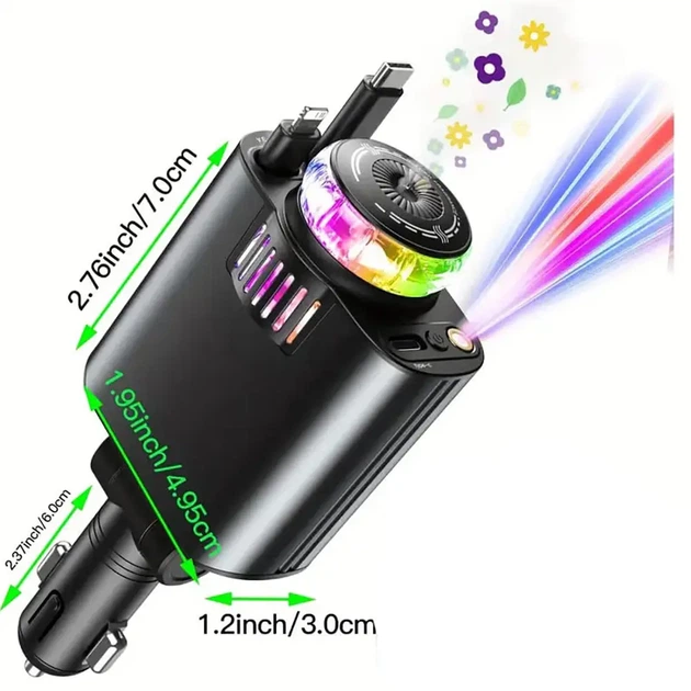 Автомобільний зарядний пристрій C7 (D1) Aroma Charger 5 в 1, 45W, з ароматизатором, RGB-підсвіткою та висувними кабелями Black - Фото 6 Автомобільний зарядний пристрій C7 (D1) Aroma Charger 5 в 1, 45W, з ароматизатором, RGB-підсвіткою та висувними кабелями Black - зображення 6