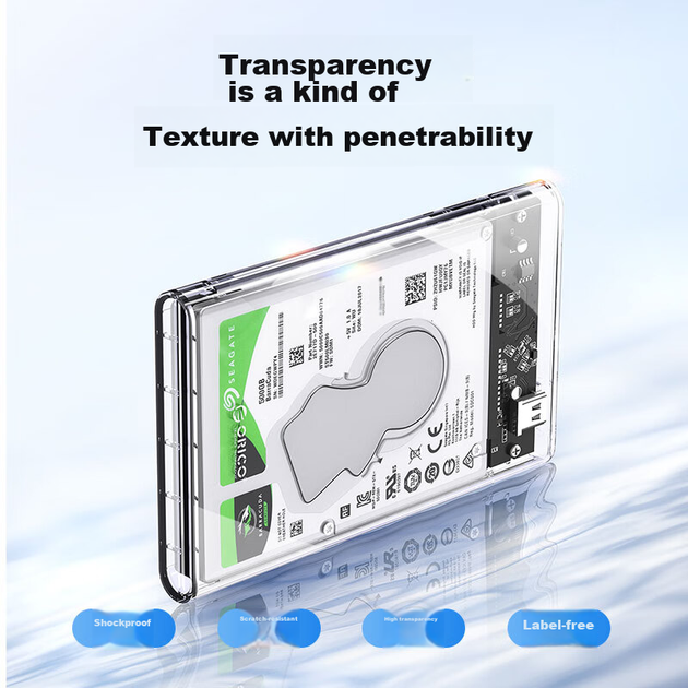 Зовнішній корпус для жорсткого диска ORICO Type-C 2,5-дюймовий USB 3.1Gen2/10Gbps для ноутбука, настільного комп'ютера, повністю прозорий 2139C3-G2 - зображення 5