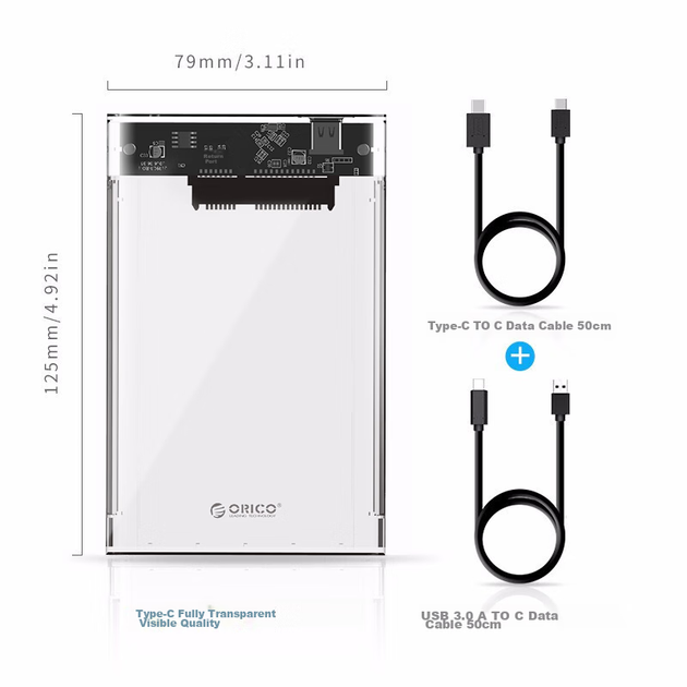 Зовнішній корпус для жорсткого диска ORICO Type-C 2,5-дюймовий USB 3.1Gen2/10Gbps для ноутбука, настільного комп'ютера, повністю прозорий 2139C3-G2 - зображення 10