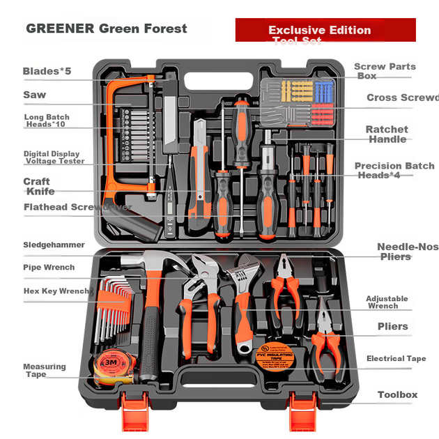 Набор инструментов для дома GREENER, руководство по эксплуатации, набор инструментов для электрика, плотника, специалиста по ремонту телекоммуникаций, полный набор инструментов. - изображение 5