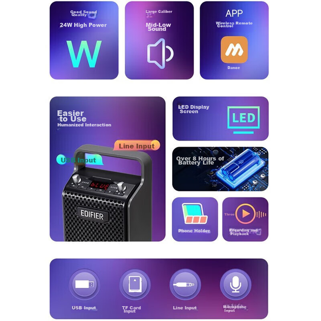 Портативная Bluetooth-колонка EDIFIER PP205, колонка для караоке, звуковая система для квадратных танцев, усилитель для сценического и конференционного обучения. - изображение 5