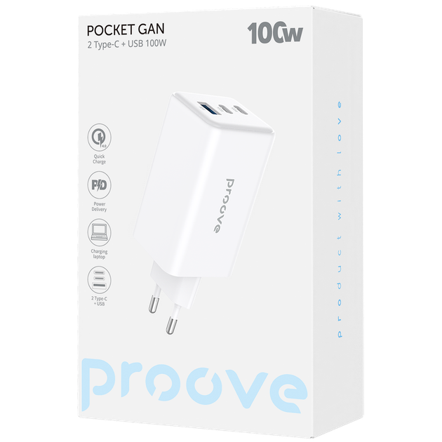 Сетевое зарядное устройство Proove Pocket GaN Max 100W USB/2хType-C Белый (WCPG10012202) - Фото 2 Сетевое зарядное устройство Proove Pocket GaN Max 100W USB/2хType-C Белый (WCPG10012202) - изображение 2