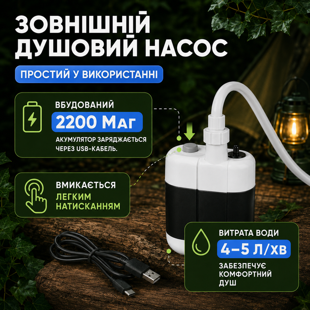 Душ переносний акумуляторний з USB-заряджанням автоматичною подачею води насосом і лійкою для кемпінгу дачі та туризму - зображення 3
