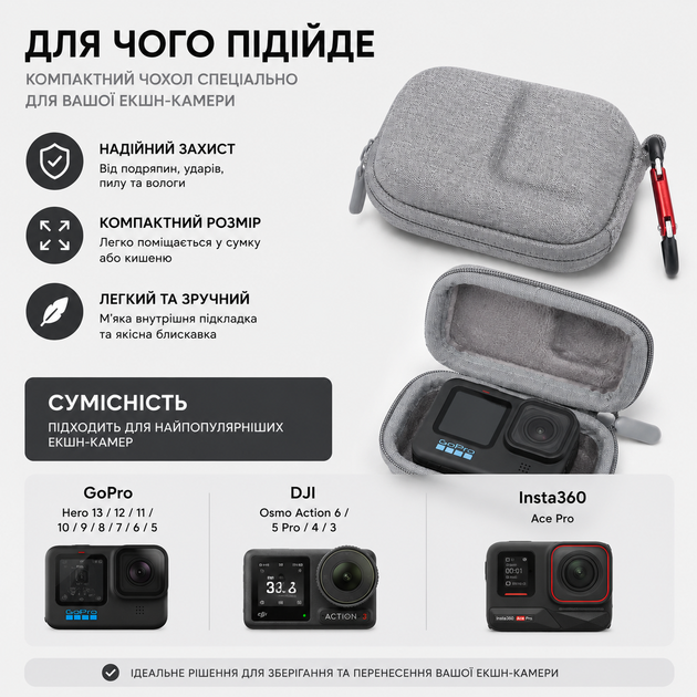 Чохол для екшн-камер GoPro / DJI / Insta360 компактний кейс 10,3×7,5 см сірий - Фото 3 Чохол для екшн-камер GoPro / DJI / Insta360 компактний кейс 10,3×7,5 см сірий - зображення 3