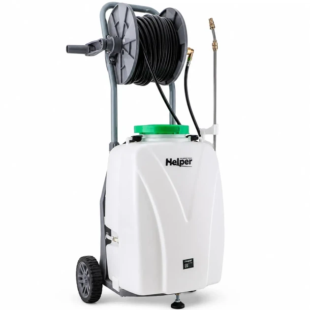Опрыскиватель аккумуляторный с катушкой для сада 12 Ач 40 л Helper HP - 1169 мобильный опрыскиватель на колесах садовый распылитель с автоматической помпой опрыскиватель портативный на аккумуляторе для огорода - изображение 4