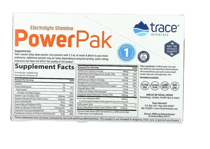 Електроліти зі смаком мандарину Electrolyte Stamina Power Pak Trace Minerals Research, 30 пакетів по 5 г - зображення 2