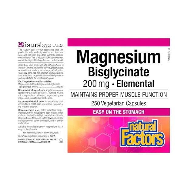 Магний бисглицинат Magnesium Bisglycinate Pure 200 мг Natural Factors, 250 капсул - изображение 6