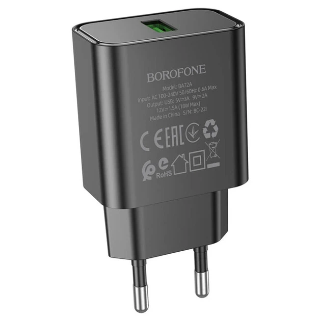 Мережевий зарядний пристрій BOROFONE BA72A Spring single port QC3.0 charger Black - Фото 4 Мережевий зарядний пристрій BOROFONE BA72A Spring single port QC3.0 charger Black - изображение 4