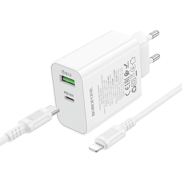 Мережевий зарядний пристрій BOROFONE BA108A Stellar PD30W+QC3.0 charger set (C to iP) (EU) White - Фото 3 Мережевий зарядний пристрій BOROFONE BA108A Stellar PD30W+QC3.0 charger set (C to iP) (EU) White - зображення 3