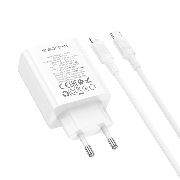 Мережевий зарядний пристрій BOROFONE BA108A Stellar PD30W+QC3.0 charger set (C to iP) (EU) White - Фото 6 Мережевий зарядний пристрій BOROFONE BA108A Stellar PD30W+QC3.0 charger set (C to iP) (EU) White - зображення 6