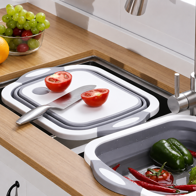 Сложная доска-мышка Chopper Chopping Board 2 в 1 для мытья и нарезки овощей, бело-серая / доска для кухни складная силиконовая дро - Фото 3 Сложная доска-мышка Chopper Chopping Board 2 в 1 для мытья и нарезки овощей, бело-серая / доска для кухни складная силиконовая дро - изображение 3