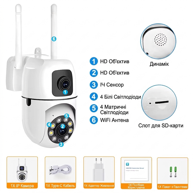 Уличная Wi-FI Камера видеонаблюдения 8 MP/ 360°, поворотная уличная IP видеокамера с двумя объективами, встроенный динамик, ночное видение, умное отслеживание человека, защита для улицы и дома - изображение 7