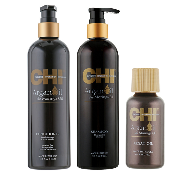 Набір для живлення волосся CHI Argan Oil Шампунь 340 мл + Кондиціонер 340 мл + Олія 15 мл - Фото 1 Набір для живлення волосся CHI Argan Oil Шампунь 340 мл + Кондиціонер 340 мл + Олія 15 мл - зображення 1