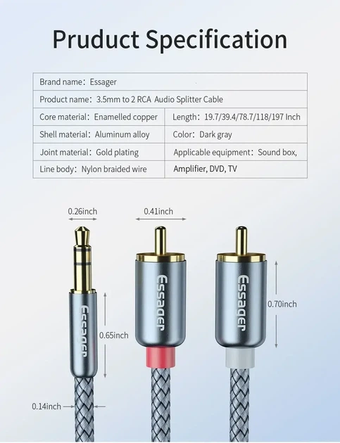 AUX Hi-Fi аудіокабель Essager (2 м) 3.5 мм → 2 RCA (тюльпани), нейлонове обплетення + алюмінієві конектори - Фото 7 AUX Hi-Fi аудіокабель Essager (2 м) 3.5 мм → 2 RCA (тюльпани), нейлонове обплетення + алюмінієві конектори - зображення 7