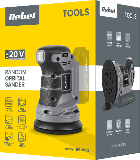 Шліфмашина ексцентрикова акумуляторна Rebel Electro RB-1059 20 В без акумулятора та зарядного пристрою (5901890056601) - зображення 2