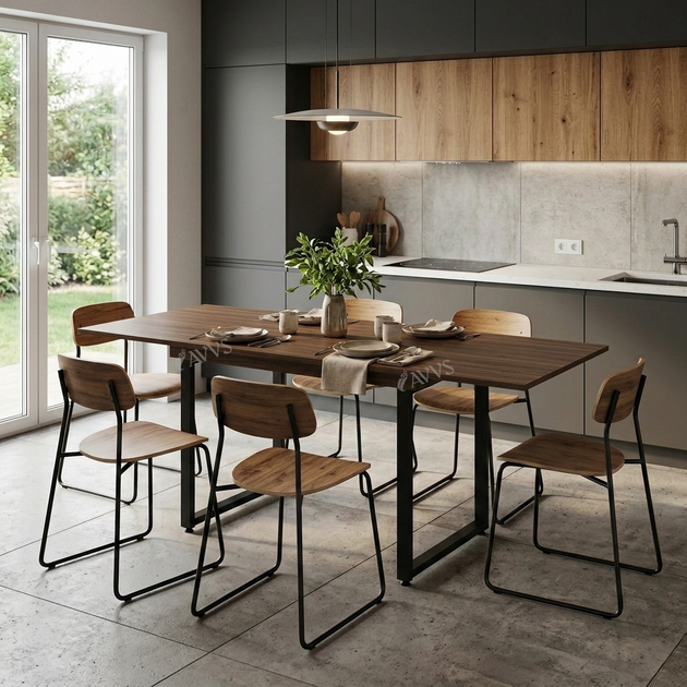Стол кухонный раскладной RoMax Edgar 36мм 90х75 (130х75) см Loft Орех Франклин/Черный - Фото 3 Стол кухонный раскладной RoMax Edgar 36мм 90х75 (130х75) см Loft Орех Франклин/Черный - изображение 3