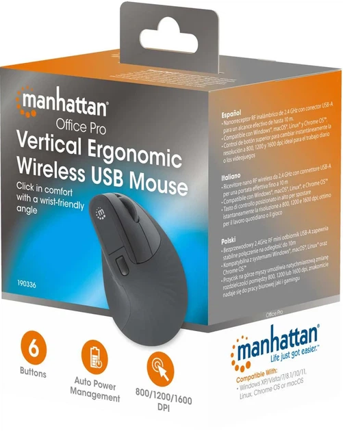 Mysz bezprzewodowa Manhattan Vertical Ergonomic Wireless USB (MANHATTAN_190336) - obraz 6
