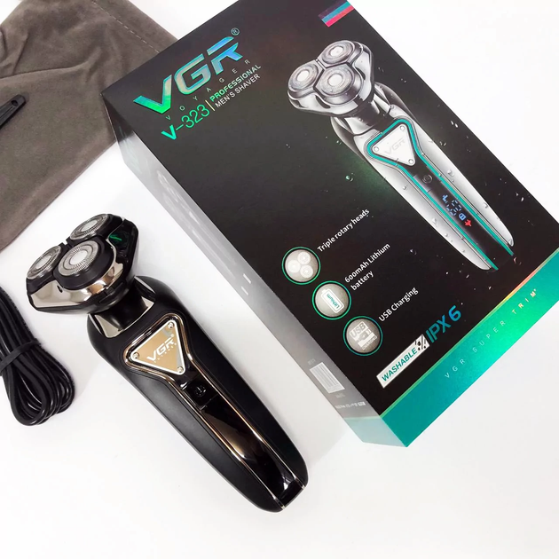 Мужская аккумуляторная электробритва VGR 3 плавающие головки быстрая USB зарядка до 60 мин работы - Фото 5 Мужская аккумуляторная электробритва VGR 3 плавающие головки быстрая USB зарядка до 60 мин работы - изображение 5
