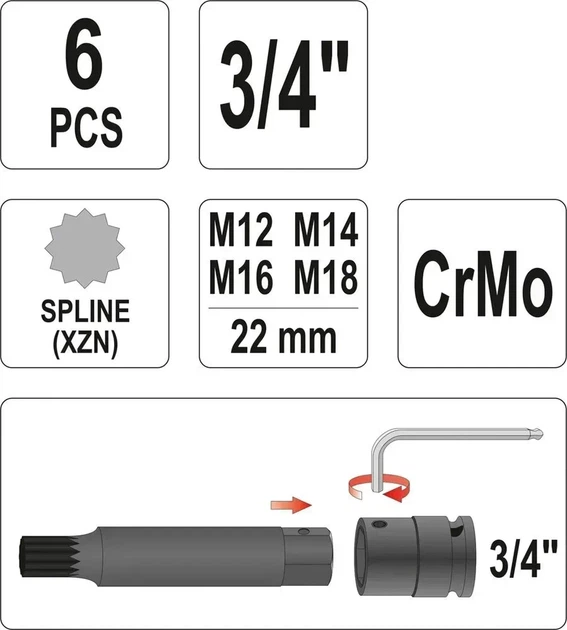 Набір ударних біт YATO SPLINE M12-M22 3/4 6 шт YT-1157 - Фото 3 Набір ударних біт YATO SPLINE M12-M22 3/4 6 шт YT-1157 - изображение 3
