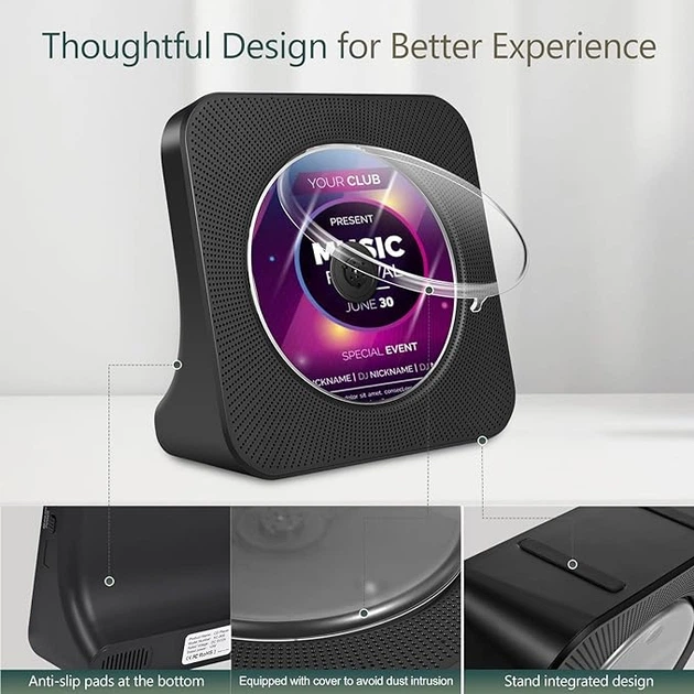 Портативный CD-плеер Gueray Bluetooth 5.0 Hi-Fi — Настольный проигрыватель с FM-радио, USB и таймером сна, Черный матовый - изображение 7