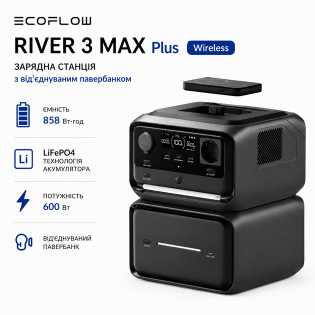 Зарядная станция EcoFlow RIVER 3 MAX Plus Wireless 858 Вт·ч 600 Вт LiFePO4 со съемным павербанком (EFRIVER3MP-Wireless-EU-CBOX) - изображение 10