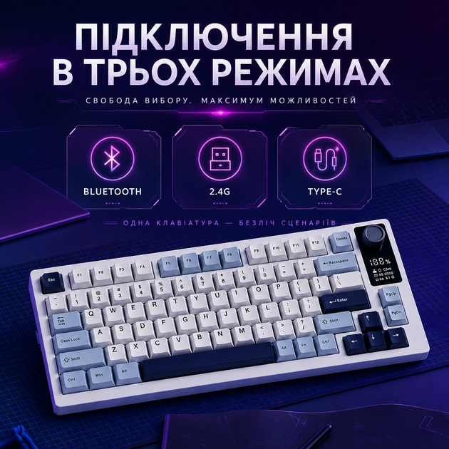Механічна бездротова ігрова клавіатура LANGTU LT75 з перемикачами hotswap, Type-C, Bluetooth, 2,4 ГГц, RGB підсвітка, 75 клавіш - зображення 5