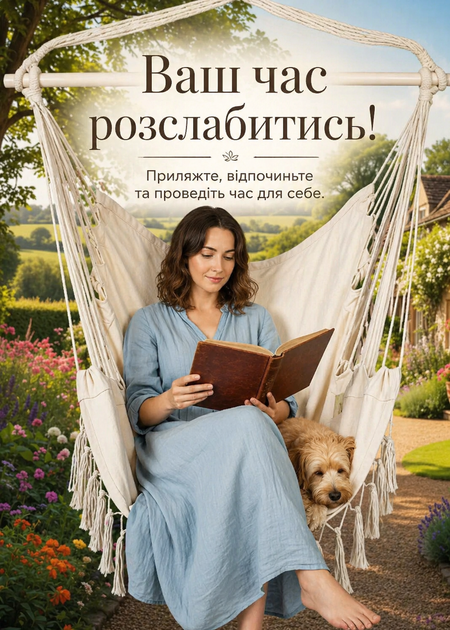 Підвісне крісло-гамак кокон бразильське 130х100 см з планкою 90 см та 2 подушками, Біле (49675876) - зображення 3