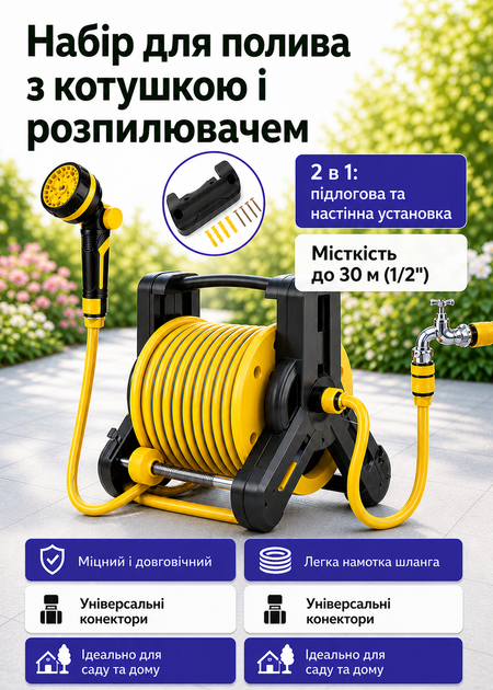 Гибкий садовый шланг на катушке с пистолетом-распылителем 30 м, 7 режимов желто-черный (49675881) - изображение 2