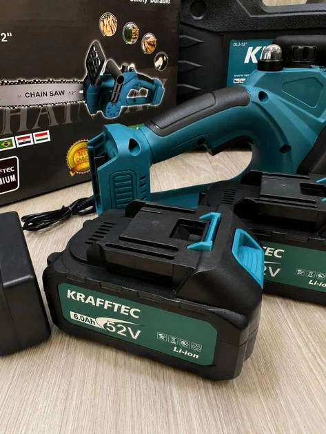 Акумуляторна ланцюгова пила Krafftec 12" 52V 6Ah 2500W з автоматичним змащенням, 2 АКБ, шина 30 см, безщітковий двигун - зображення 5