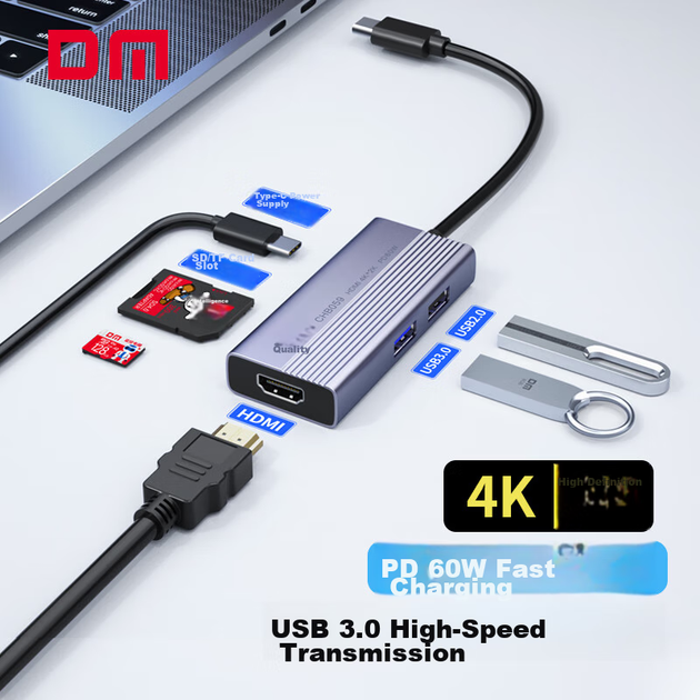 DM Daimai Type-C Six-In Expansion Dock, USB-C to HDMI Adapter, Apple Huawei Computer IPad Converter, 4K Screen Mirroring Expansion Card Reader, CHB059 - Фото 3 DM Daimai Type-C Six-In Expansion Dock, USB-C to HDMI Adapter, Apple Huawei Computer IPad Converter, 4K Screen Mirroring Expansion Card Reader, CHB059 - изображение 3