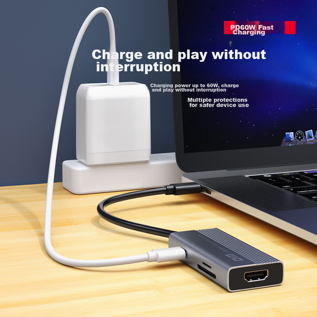 DM Daimai Type-C Six-In Expansion Dock, USB-C to HDMI Adapter, Apple Huawei Computer IPad Converter, 4K Screen Mirroring Expansion Card Reader, CHB059 - Фото 4 DM Daimai Type-C Six-In Expansion Dock, USB-C to HDMI Adapter, Apple Huawei Computer IPad Converter, 4K Screen Mirroring Expansion Card Reader, CHB059 - изображение 4