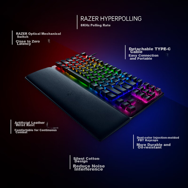 Механическая проводная игровая клавиатура Razer Huntsman V2 Tactical Edition с линейными оптическими переключателями, 87 клавиш, RGB-подсветка и подставка для запястий. - изображение 4