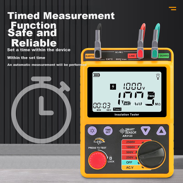 Цифровой высоковольтный мегомметр CEM AR3123, измеритель сопротивления изоляции, 2500 В, электронный виброметр. - Фото 4 Цифровой высоковольтный мегомметр CEM AR3123, измеритель сопротивления изоляции, 2500 В, электронный виброметр. - изображение 4