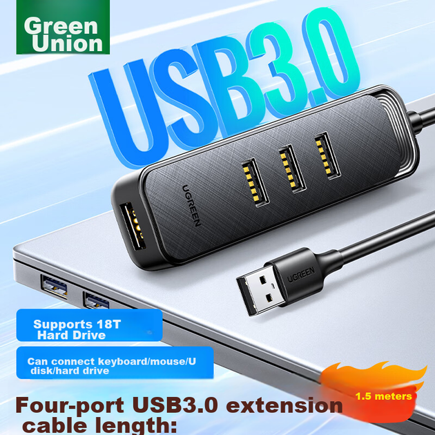 UGREEN USB 3.0 Hub Splitter, высокоскоростной 4-портовый концентратор-док-станция расширения, многопортовый адаптер-конвертер для ноутбуков и настольных компьютеров (4 порта) - Фото 1 UGREEN USB 3.0 Hub Splitter, высокоскоростной 4-портовый концентратор-док-станция расширения, многопортовый адаптер-конвертер для ноутбуков и настольных компьютеров (4 порта) - изображение 1