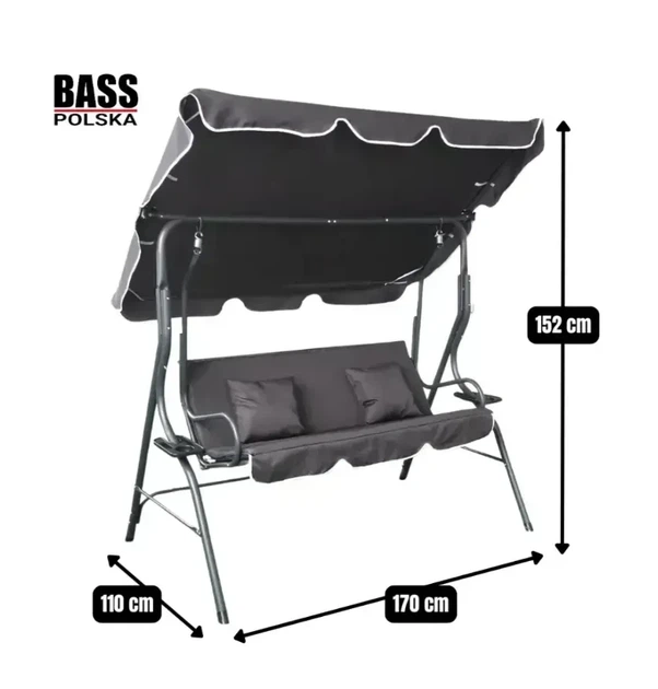 Качели садовые трехместные с подстаканниками и подушками антрацит Bass Polska BH 10030 170х110х153 см - изображение 2