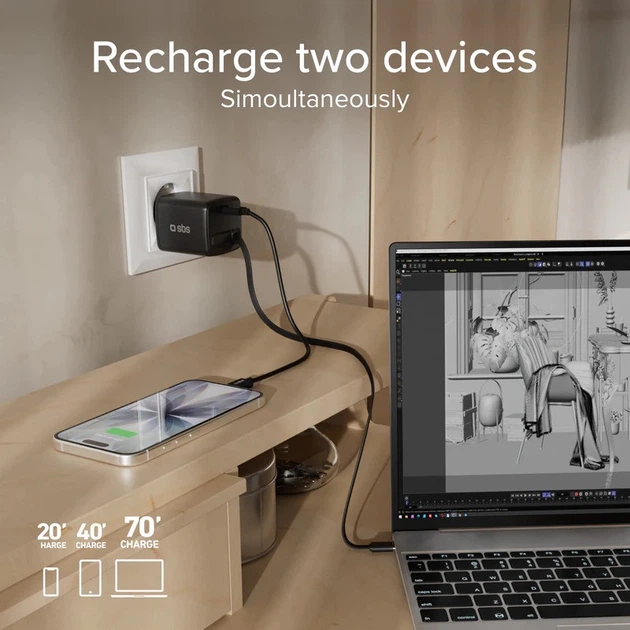 Ładowarka sieciowa SBS 45W GaN PD USB-C Retractable Cable Black (TETRRET45WK) - obraz 9