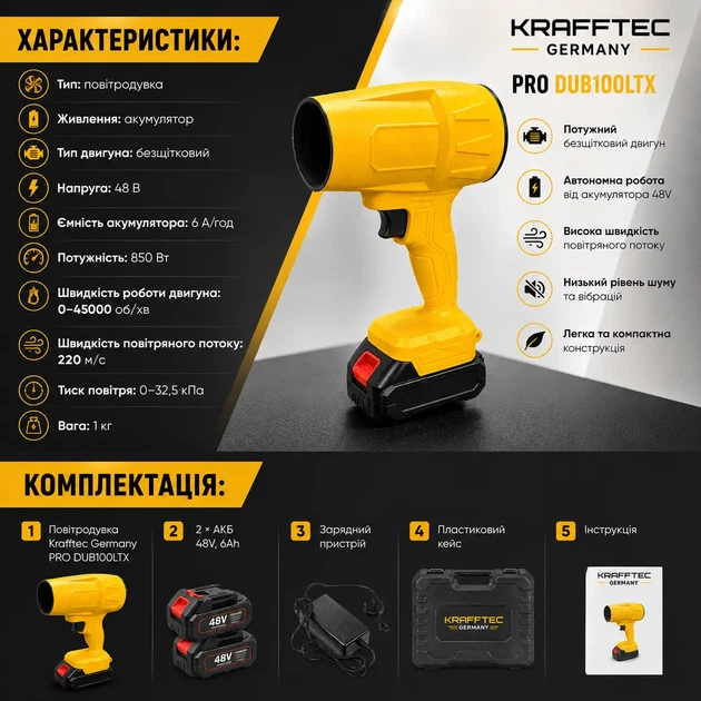 Воздуродувка аккумуляторная Krafftec бесщеточная 48V 6Ah 850W 45000 об/мин 220 м/с с 2 АКБ и кейсом желтая - изображение 3