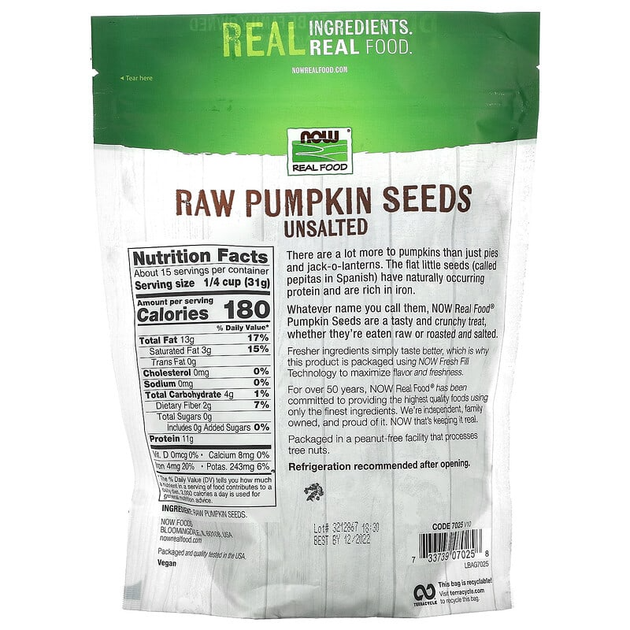 Сырые тыквенные семечки NOW Foods, Real Food "Unsalted Raw Pumpkin Seeds" не соленые (454 г) - изображение 2